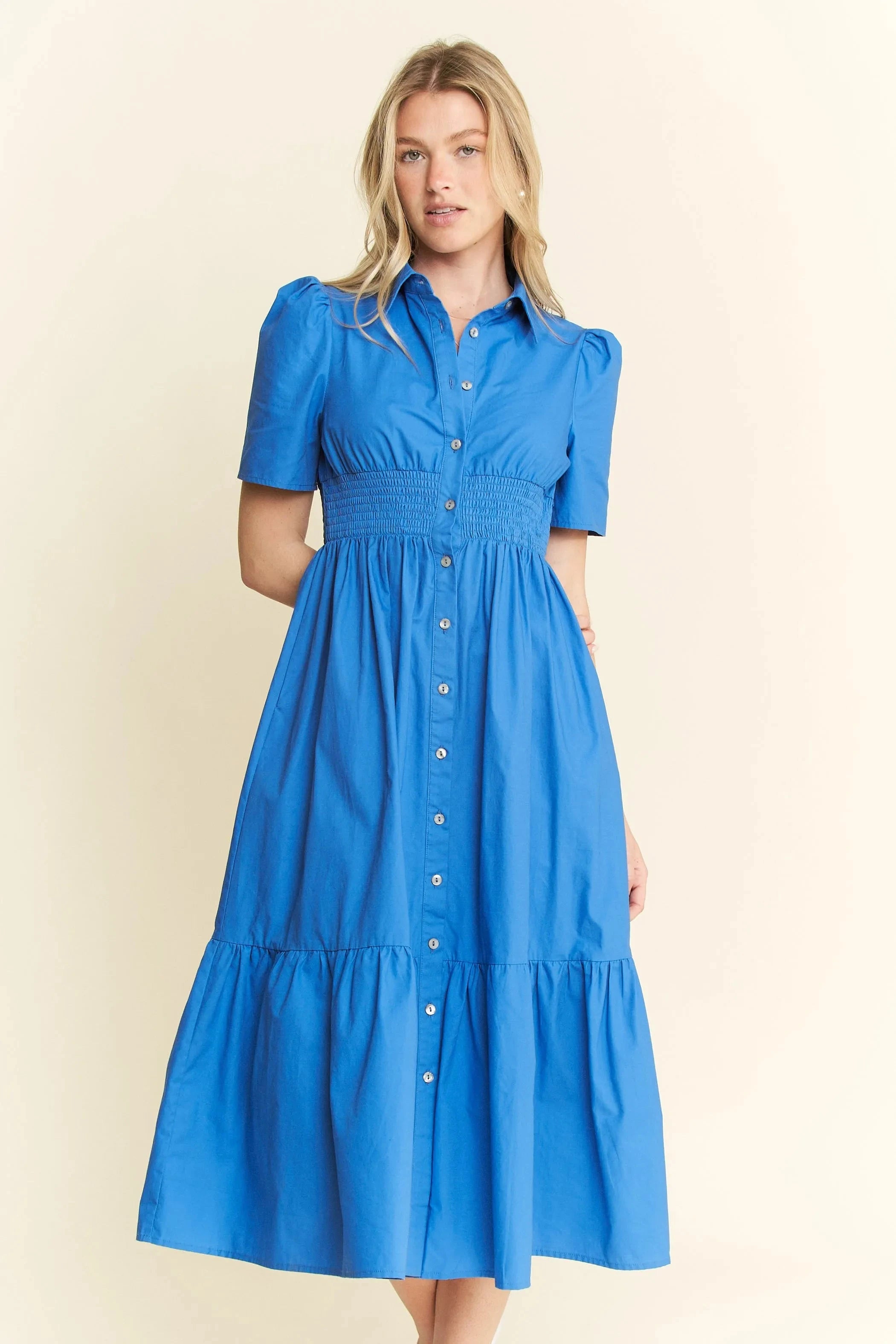 Jade By Jane Short Sleeve Button Down Midi Dress