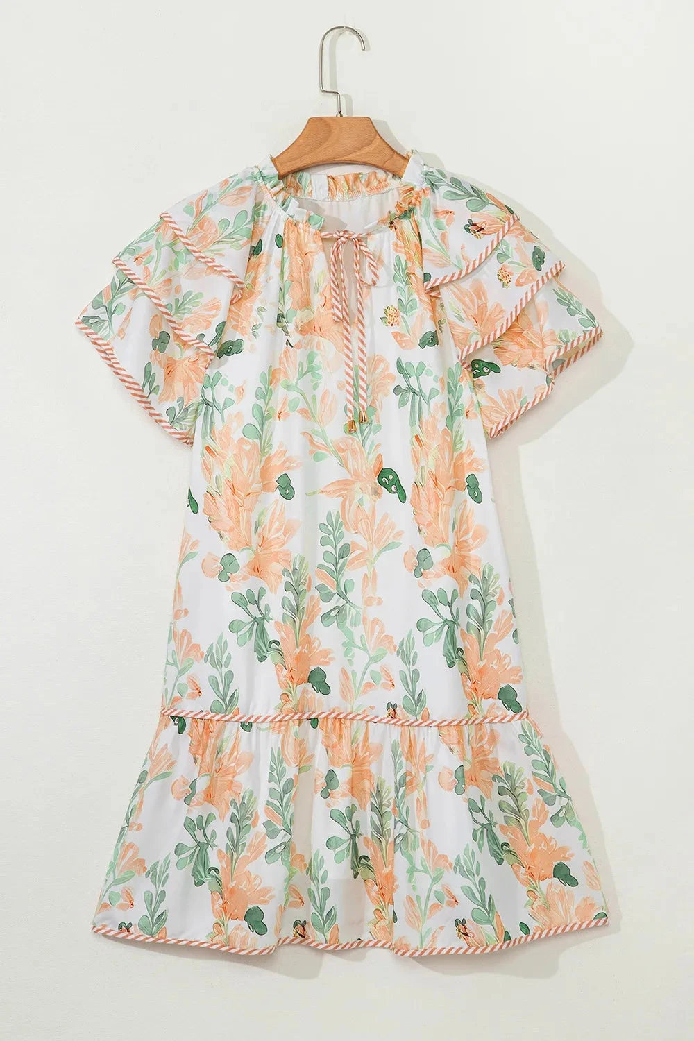 Floral Tie Neck Layered Short Sleeve Dress