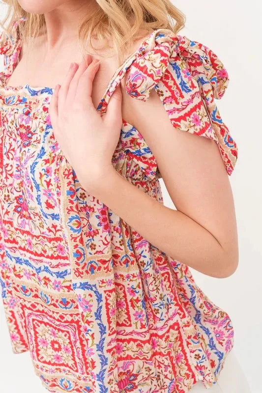 And The Why Ruffled Neck Tied Strap Boho Printed Swing Top