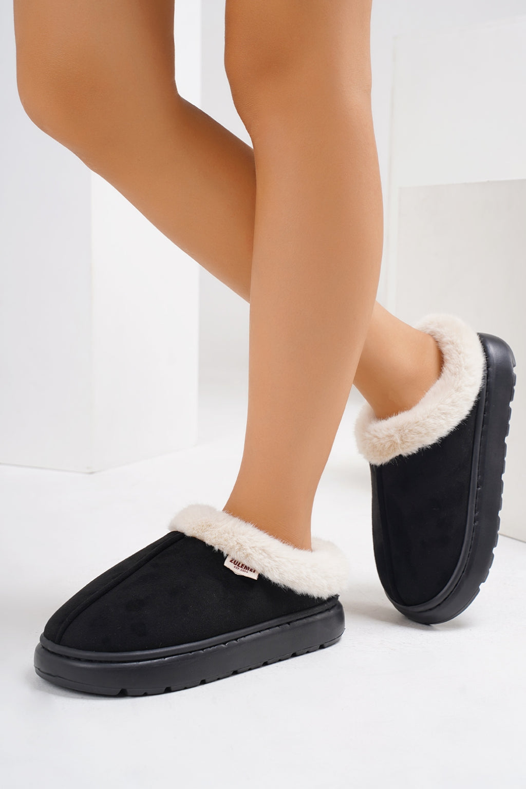 Furry Round Toe Platform Slippers - Laazaar