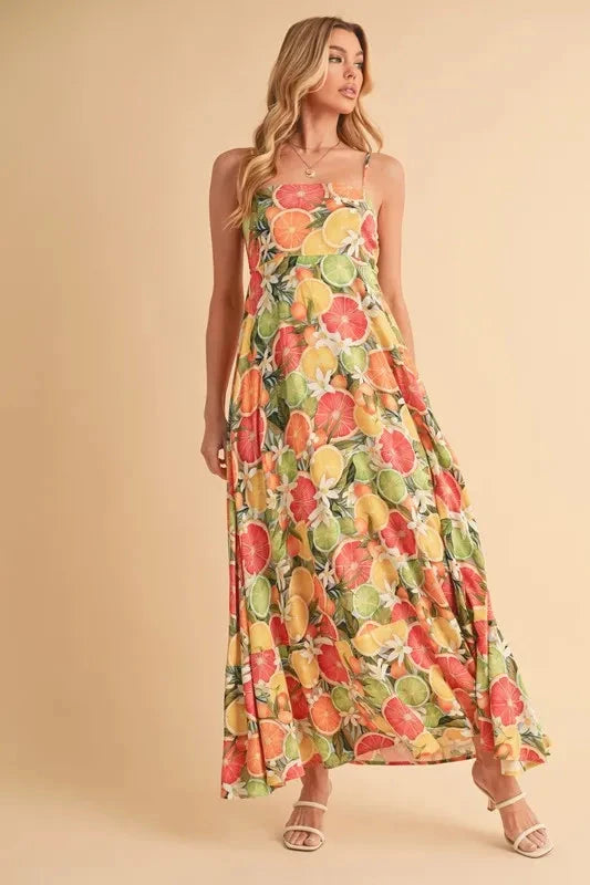 Aemi + Co Fruit Print Square Neck Maxi Cami Dress