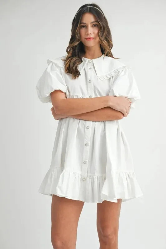 MABLE Ruffled Hem Peter Pan Collar Button Down Mini Dress