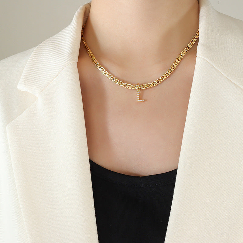 Brass Inlaid Zircon Letter Pendant Necklace - Laazaar