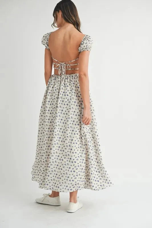 MABLE Floral Print Puff Sleeve Gathered Midi Dress