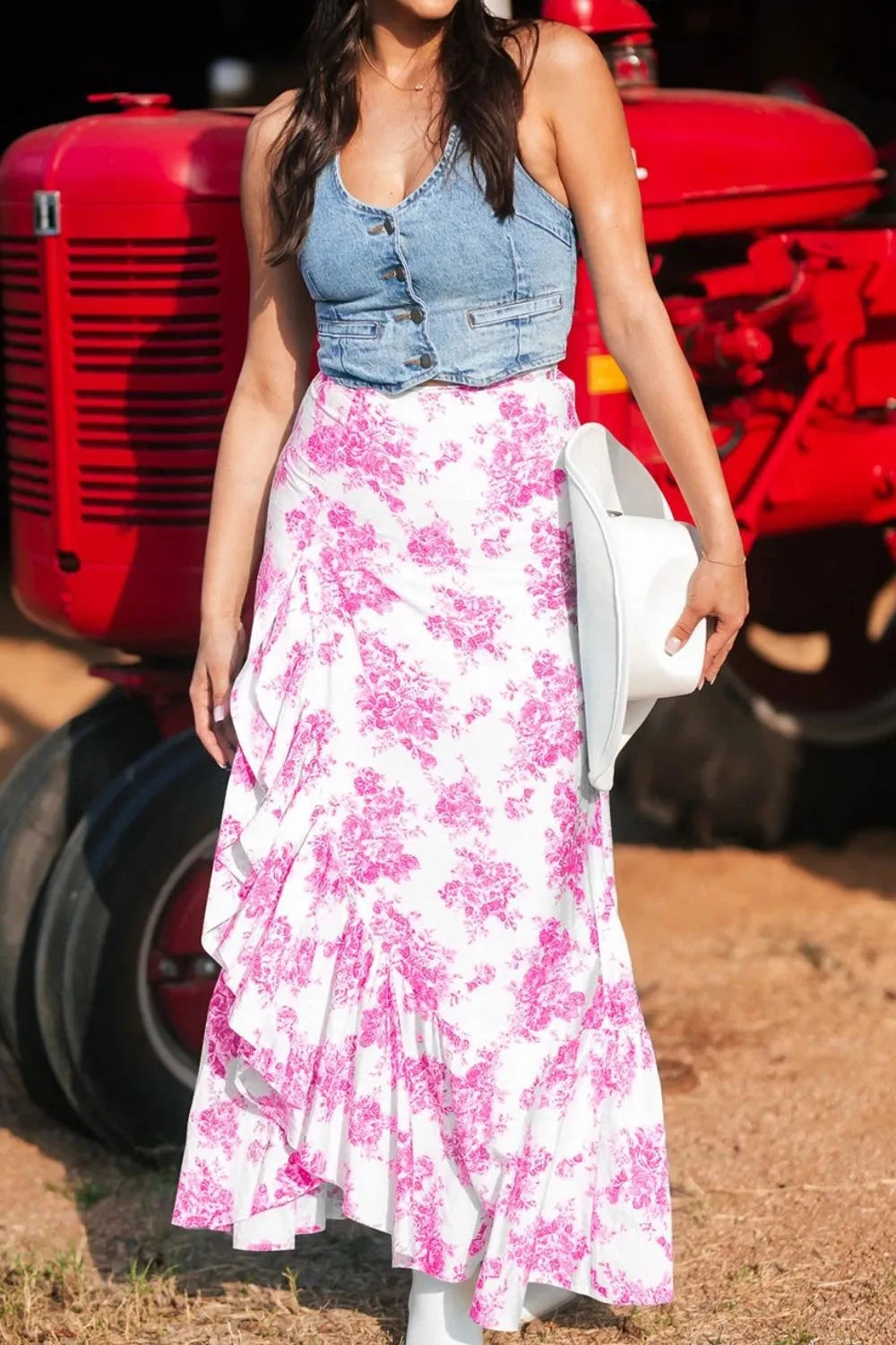 Boho Floral High Waist Ruffle Split Maxi Skirt