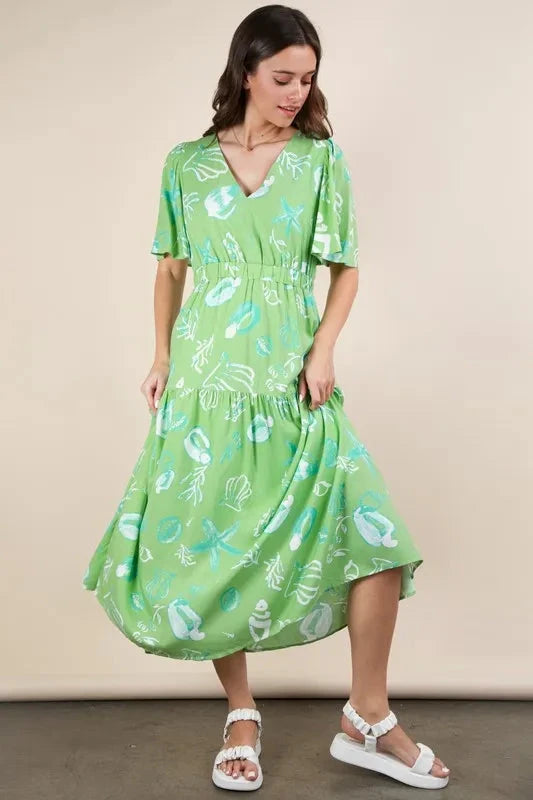 VERY J Printed V-Neck Resort Midi Dress