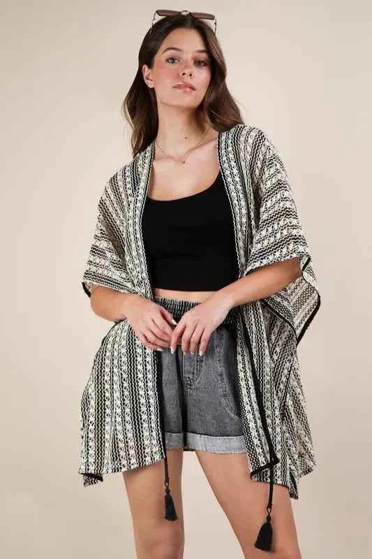 VERY J Full Size Striped Poncho Boho Cardigan Plus Size