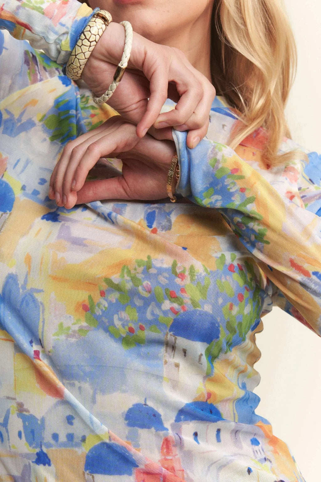 Davi & Dani Multi Printed Mesh Round Neck Long Sleeve Top