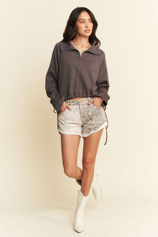 Davi & Dani Drawstring Hem Half Zip Raglan Sleeve Sweatshirt - Laazaar