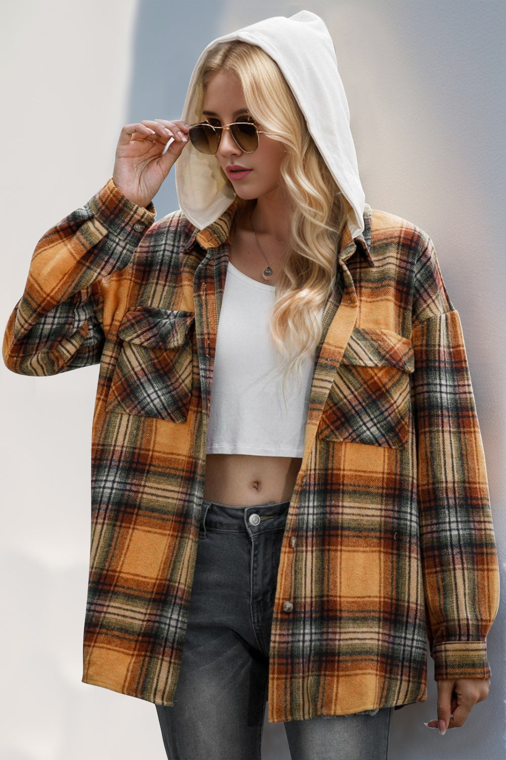 Double Take Drawstring Plaid Long Sleeve Hooded Shacket - Laazaar