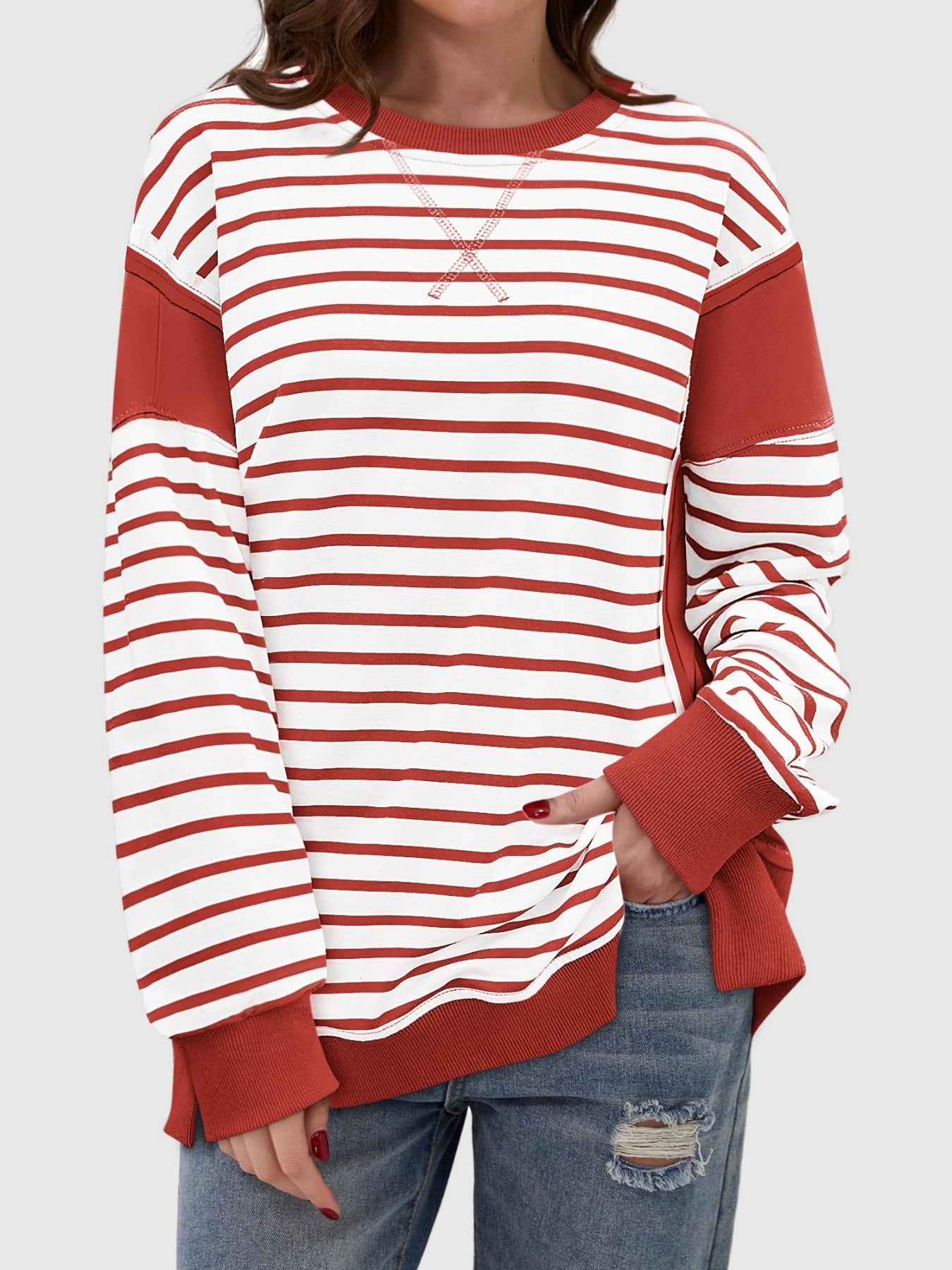 Slit Exposed Seam Striped Long Sleeve Sweatshirt - Laazaar