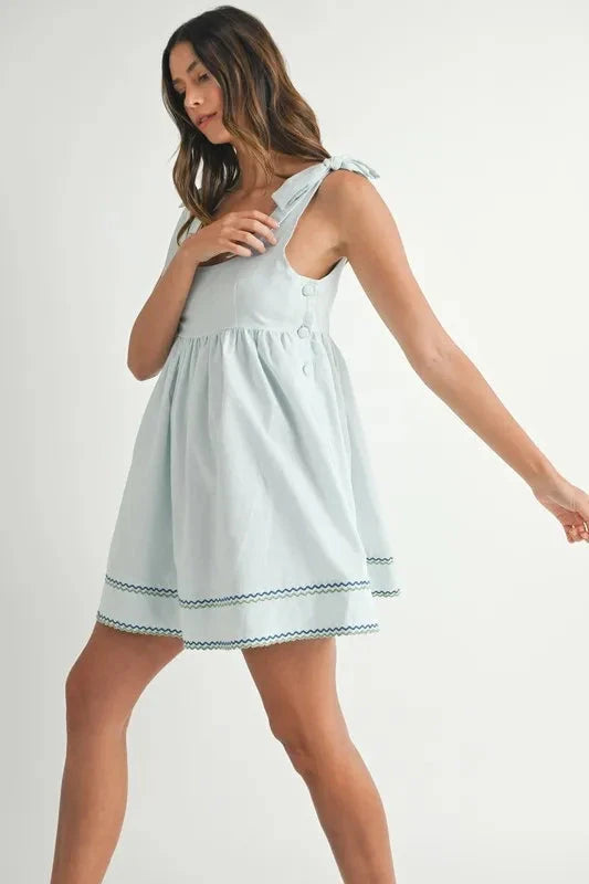 MABLE Zig Zag Embroidered Shoulder Tie Mini Dress