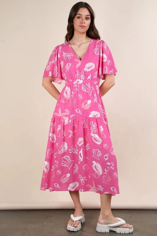 VERY J Printed V-Neck Resort Midi Dress