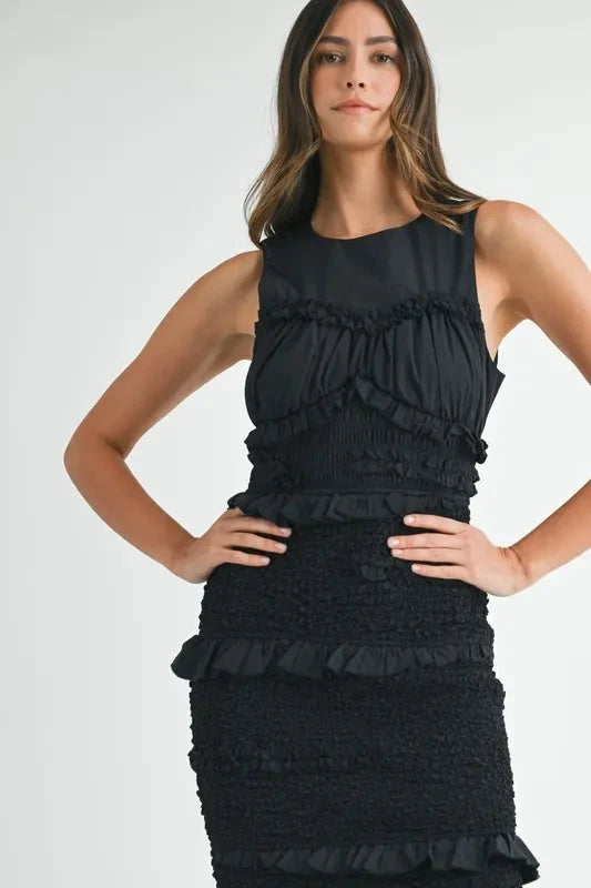 MABLE Ruffled Popcorn Smocked Mermaid Midi Dress