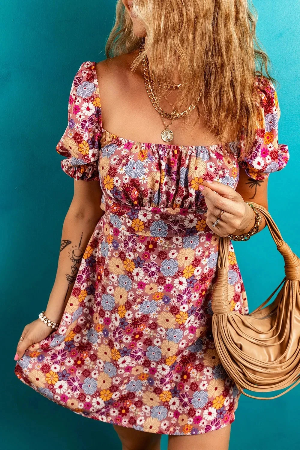 Floral Puff Sleeve Square Neck Knot Open Back Mini Dress