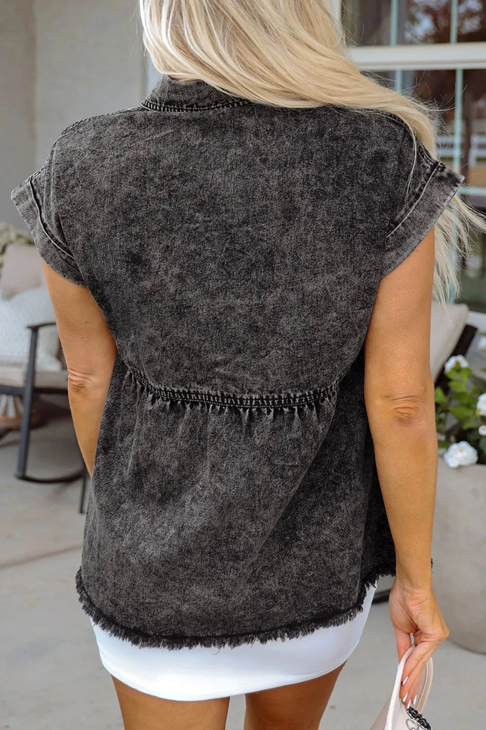 Short Sleeve Flap Pocket Button Up Raw Hem Denim Shirt