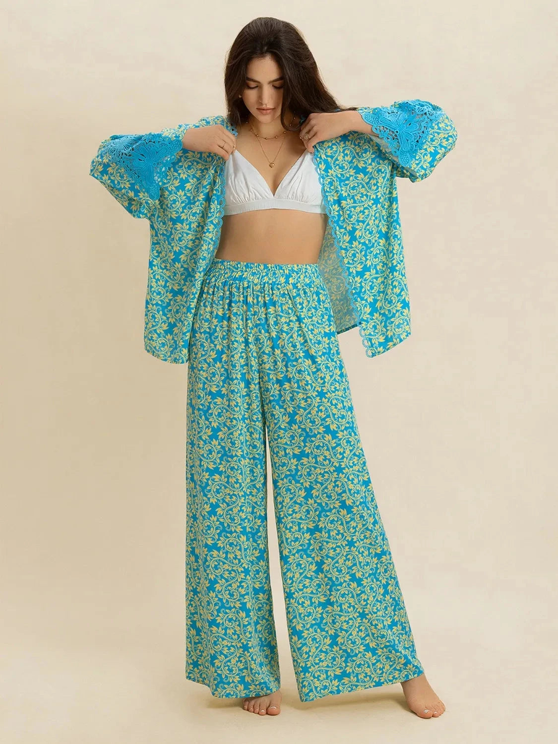 Open Front Printed Top and Pants Set