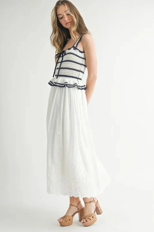 MABLE Crochet Stripe Knit Eyelet Mix Midi Dress