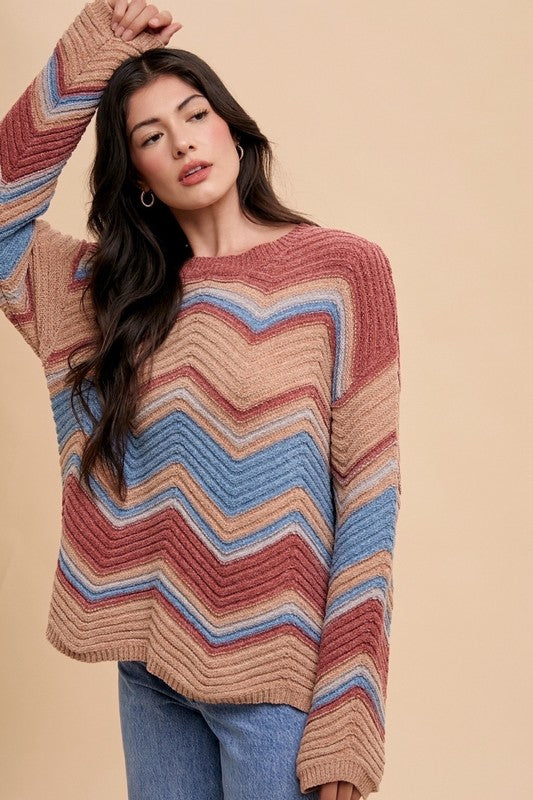 Annie Wear Multi Color Zig-Zag Round Neck Sweater - Laazaar