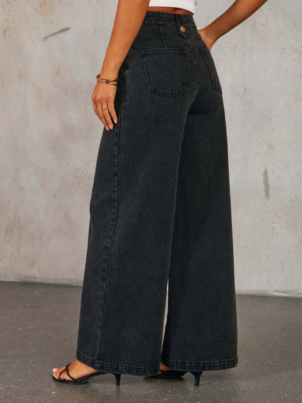 Button Decor High Rise Wide Leg Jeans