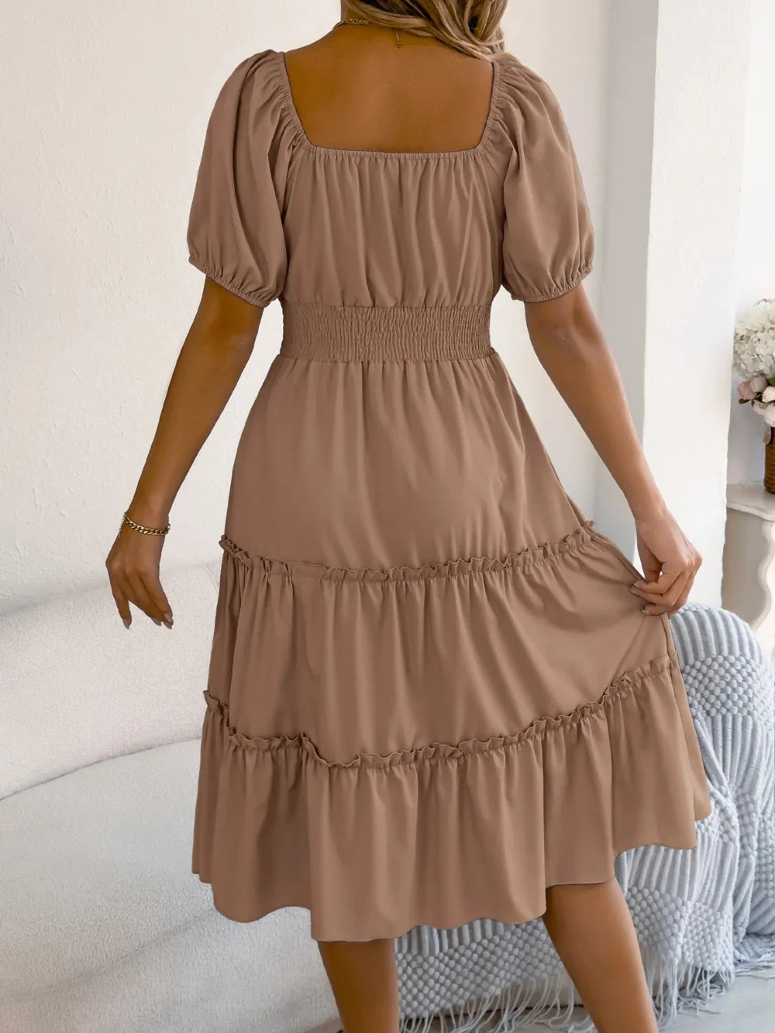 Square Neck Short Puff Sleeve Dress