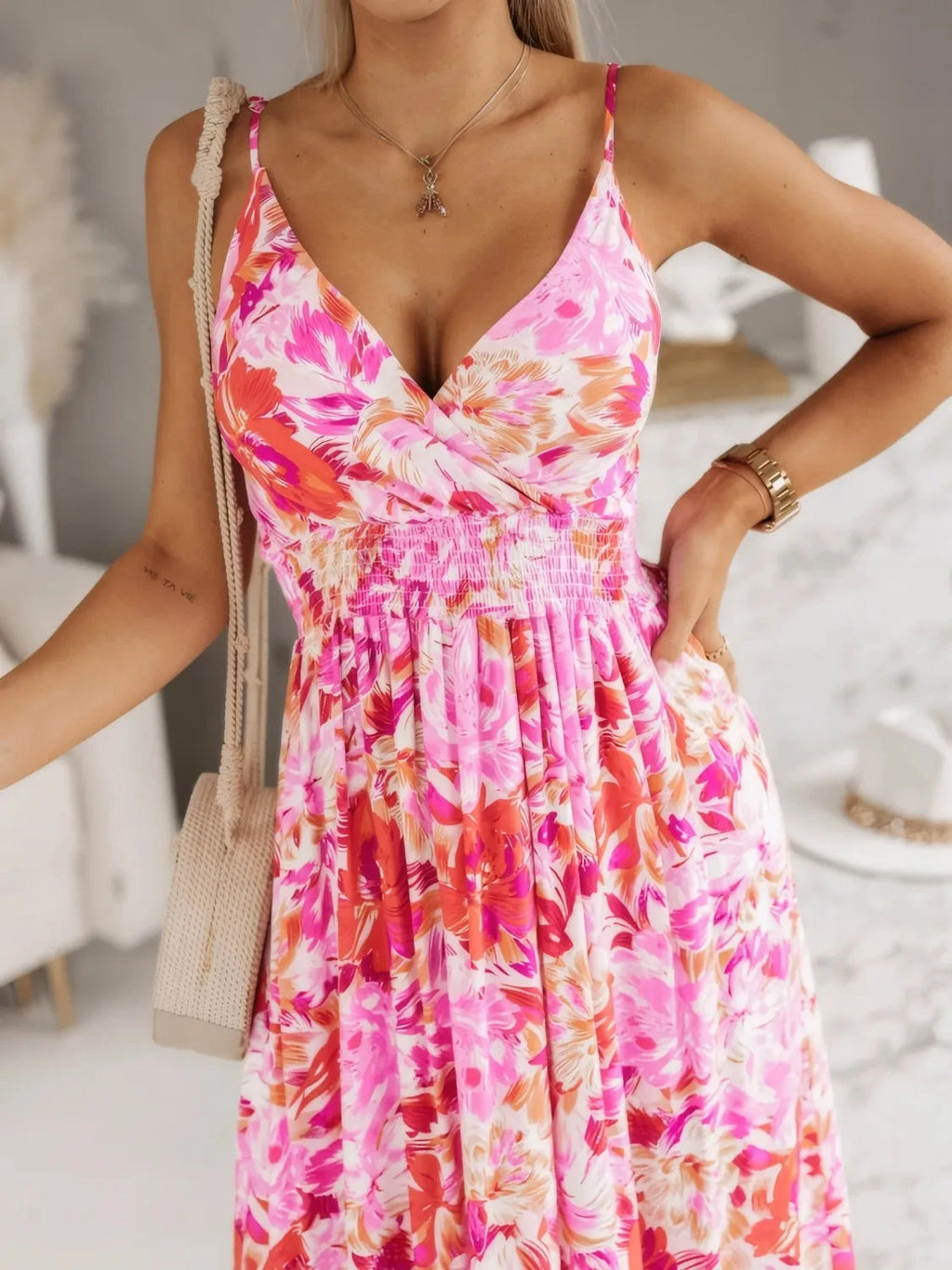 Smocked Printed Surplice Maxi Cami Dress