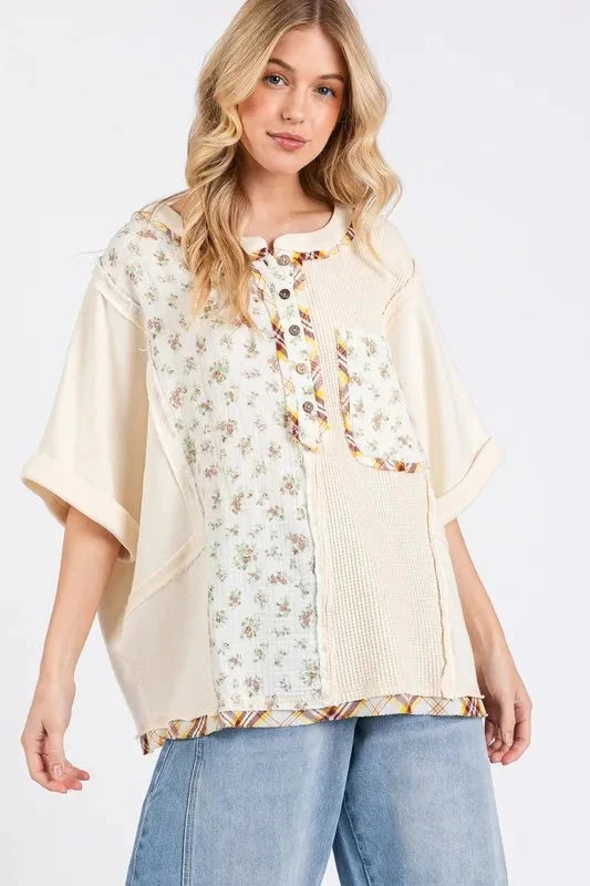 SAGE+FIG Half Button Floral Patchwork Top