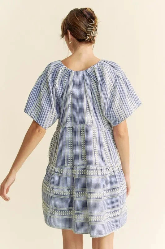 Davi & Dani Embroidered Stripe Ruffled Gingham Mini Dress