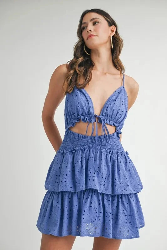 MABLE Lace Eyelet Ruffle Mini Dress With Front Cutout