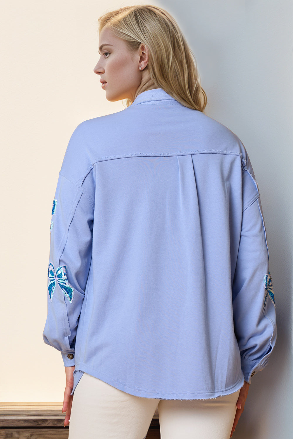 Double Take Full Size Sequin Bow Button Up Shacket - Laazaar