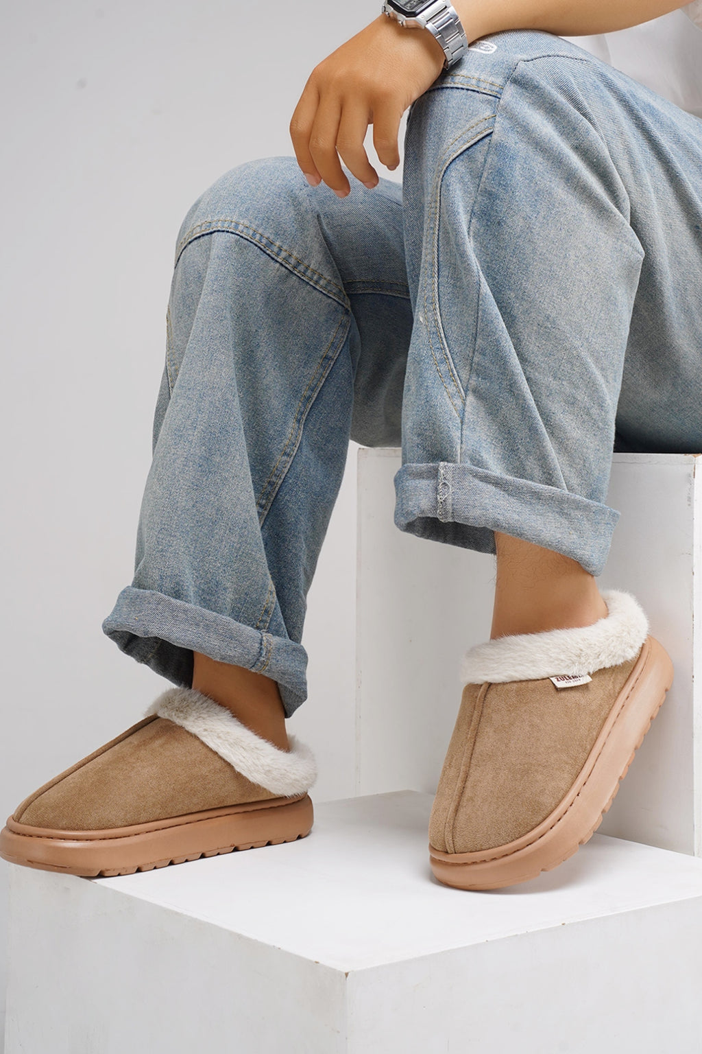 Furry Round Toe Platform Slippers - Laazaar