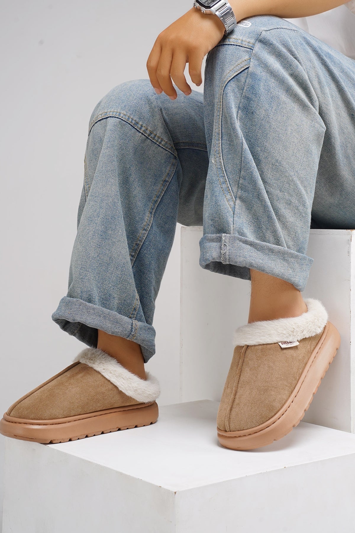 Furry Round Toe Platform Slippers - Laazaar