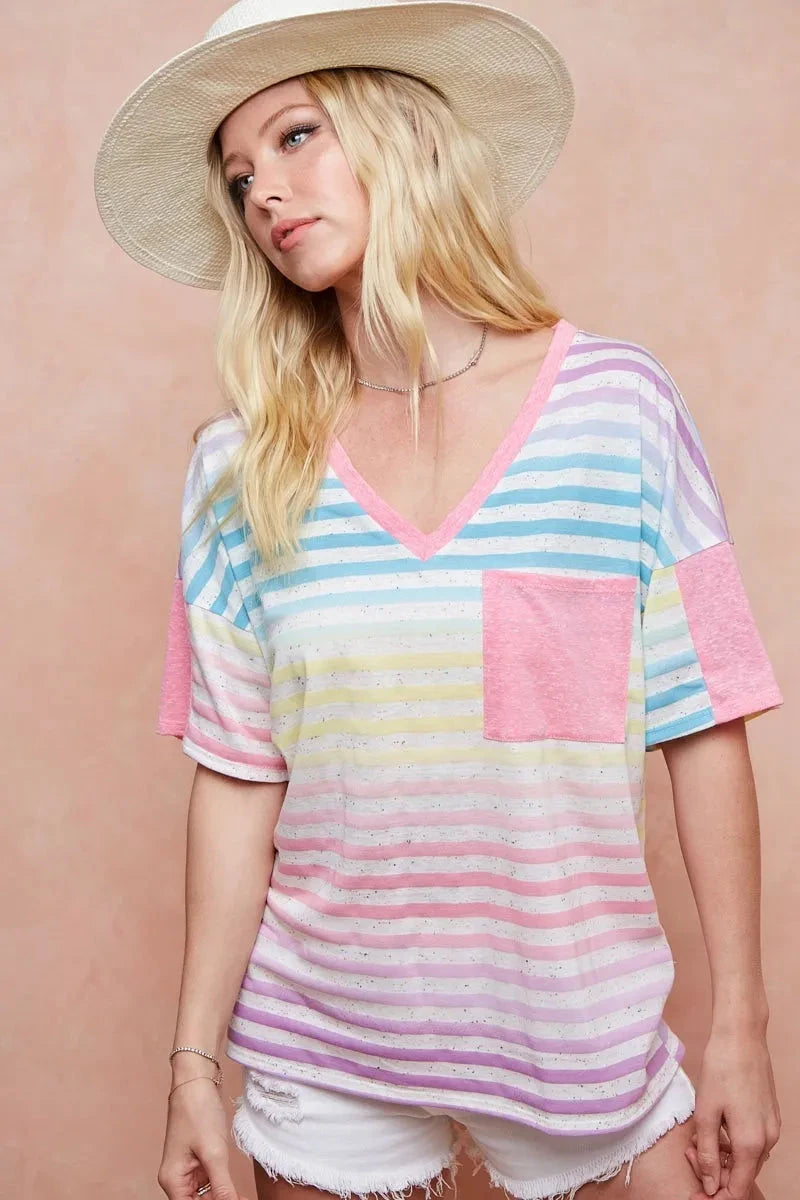 BiBi Rainbow Stripe Printed Triblend Knit Top