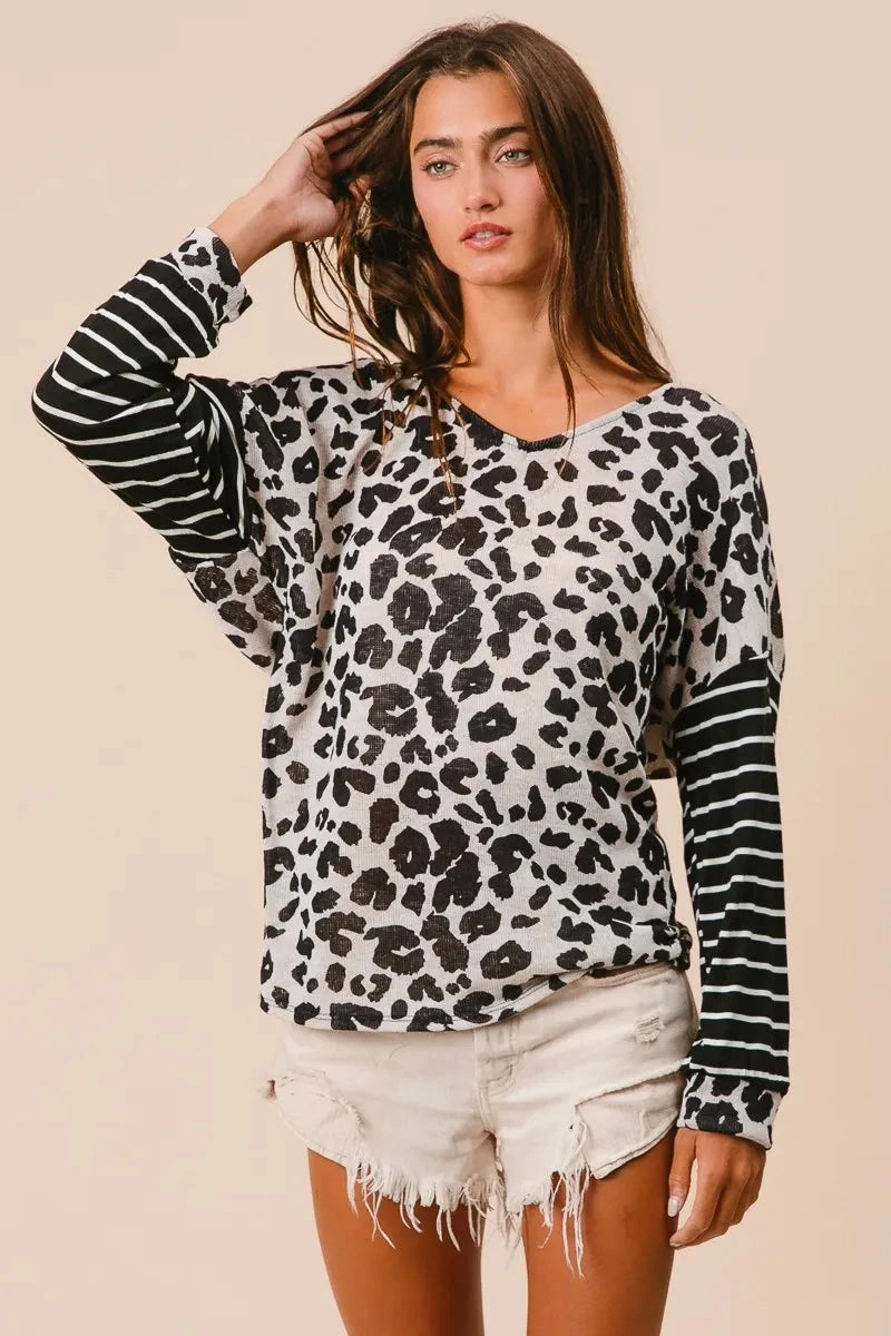 BiBi Leopard Hacci Knit Twist Back Top With Stripe Sleeve