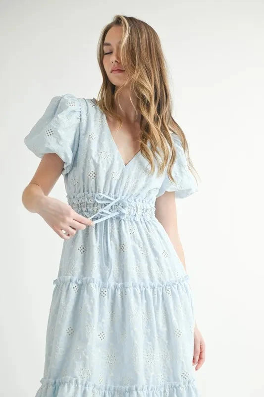 MABLE Eyelet Lace Puff Sleeve V Neck Midi Dress