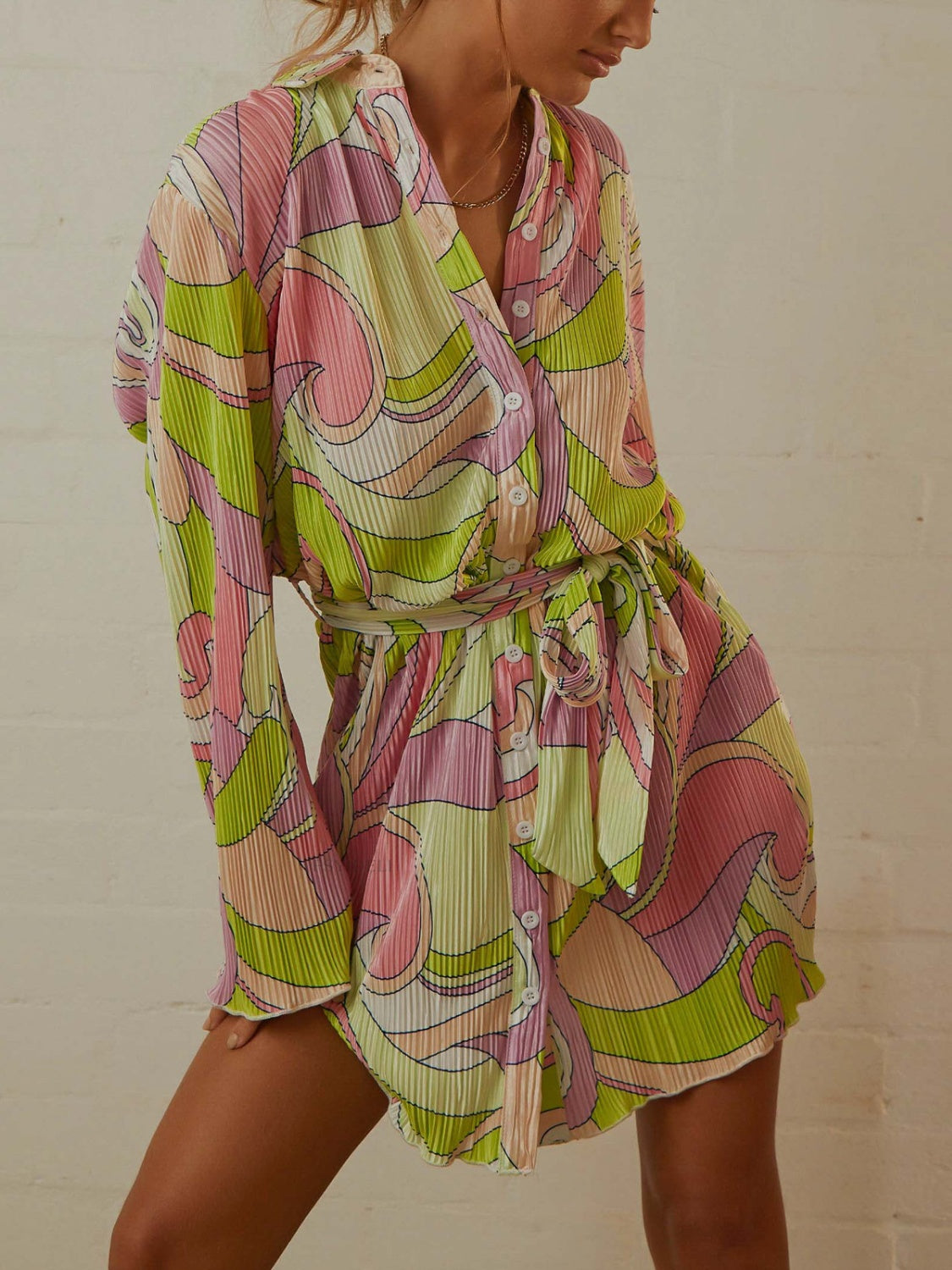 Tied Button Up Long Sleeve Dress - Laazaar