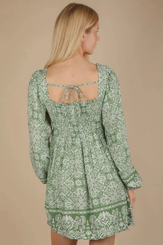 VERY J Printed Smocked Chest Boho Mini Dress