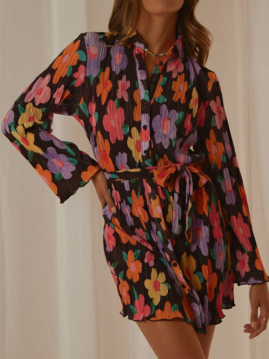 Tied Button Up Long Sleeve Dress - Laazaar