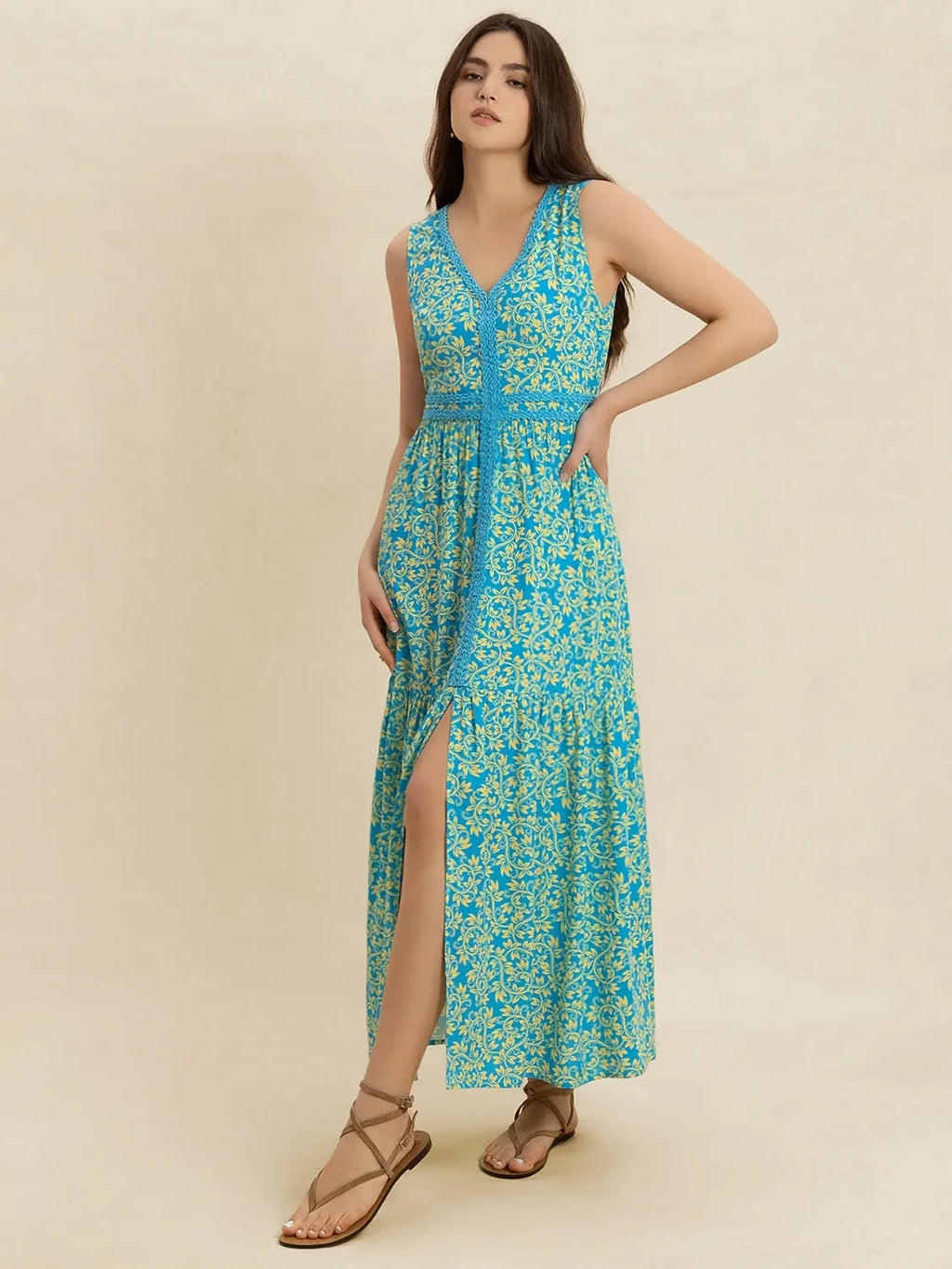 Slit Printed V-Neck Sleeveless Dress