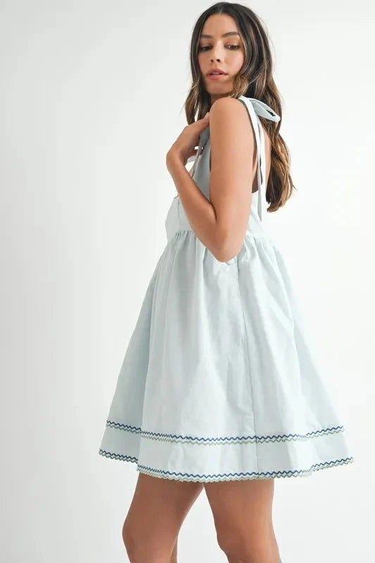 MABLE Zig Zag Embroidered Shoulder Tie Mini Dress