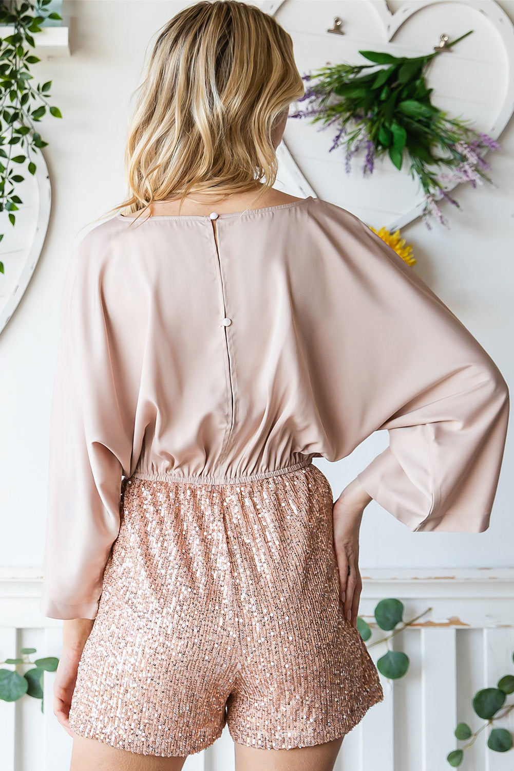 Sequin Drawstring Waist Dolman Sleeve Romper - Laazaar