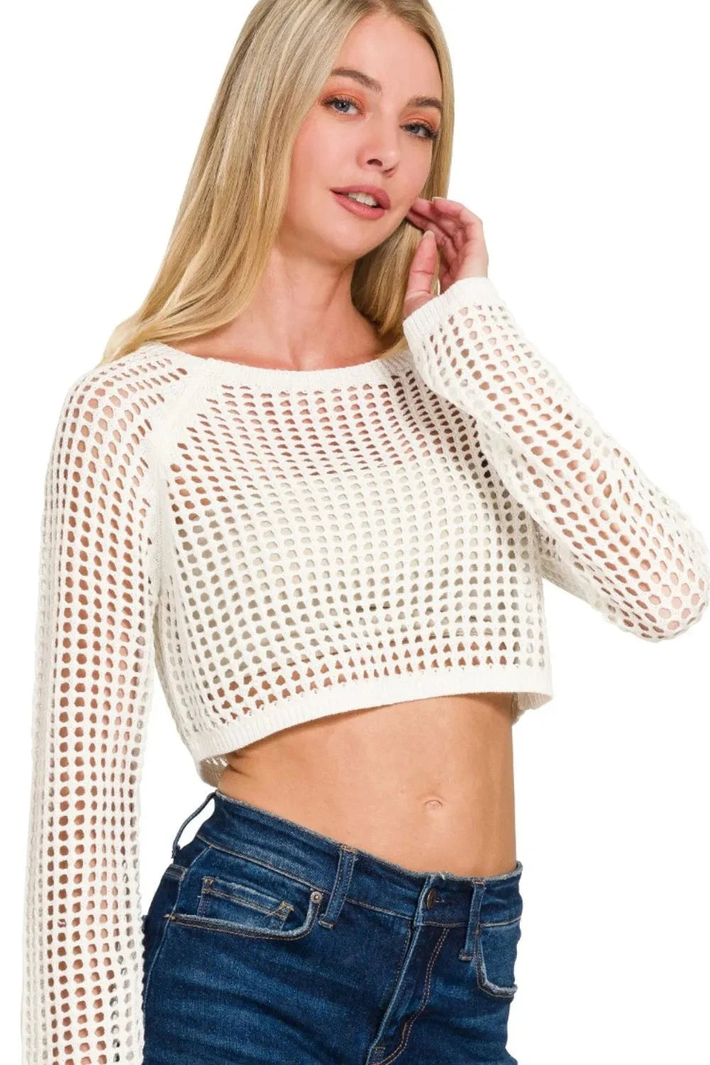 Zenana Hollow Knitted Cropped Round Neck Sweater