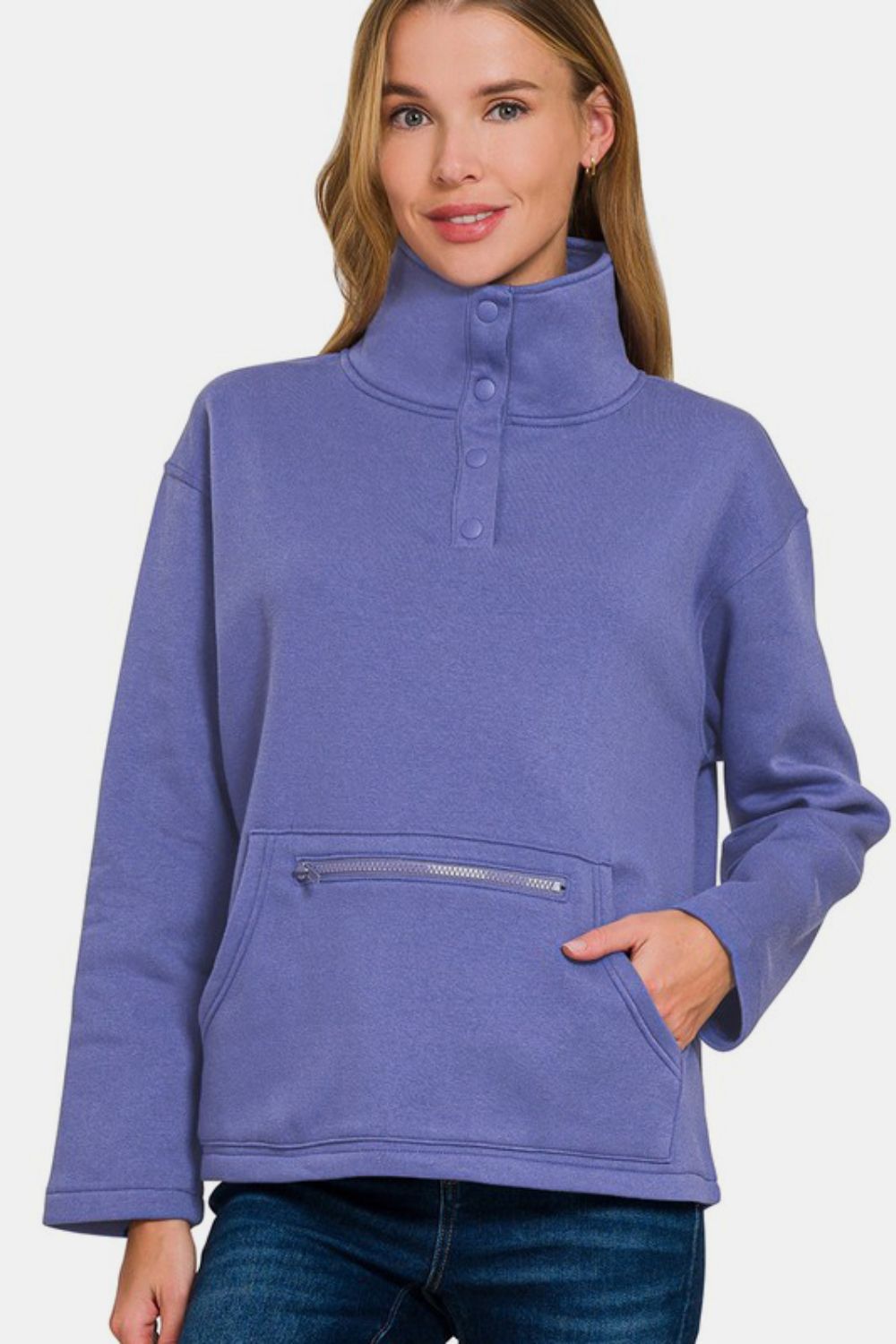 Zenana Turtleneck Half Snap Fleece Sweatshirt - Laazaar