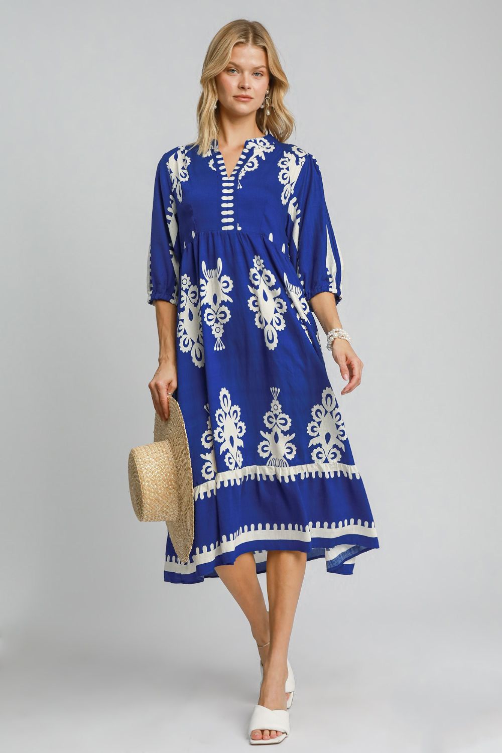 Umgee Printed Notched Midi Dress - Laazaar