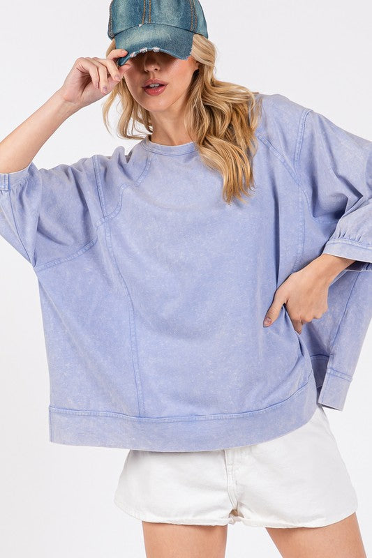 SAGE + FIG Mineral Washed Side Slit Round Neck Sweatshirt - Laazaar