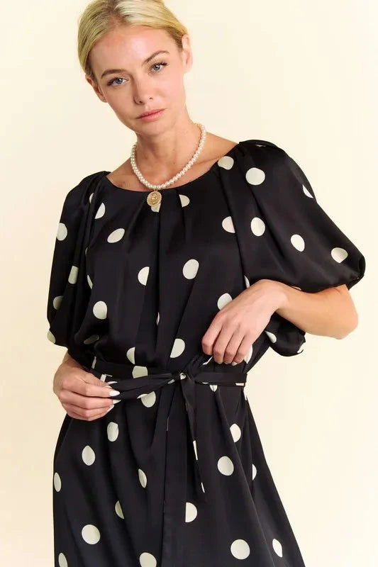 Davi & Dani Polka Dot Puff Sleeves Waist Tie Midi Dress