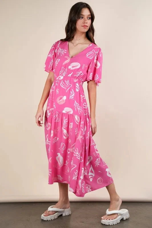 VERY J Printed V-Neck Resort Midi Dress