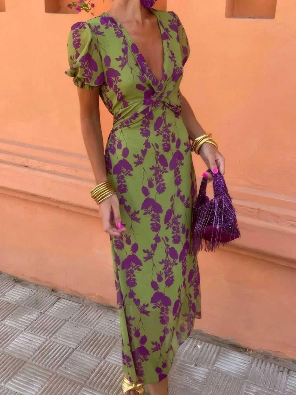 Printed Plunge Short Sleeve Midi Dress