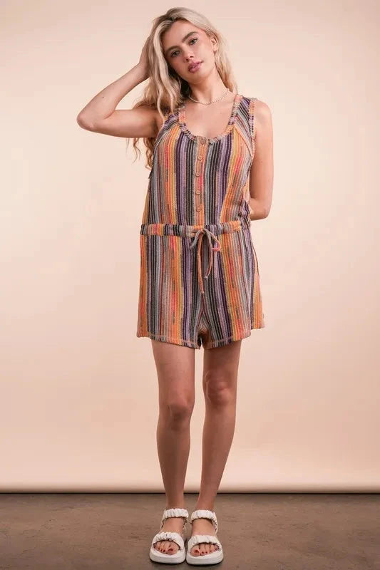 VERY J Crochet Multi Color Striped Casual Summer Romper