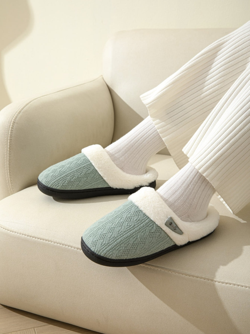 Horn Buckle Furry Texture Flat Slippers - Laazaar